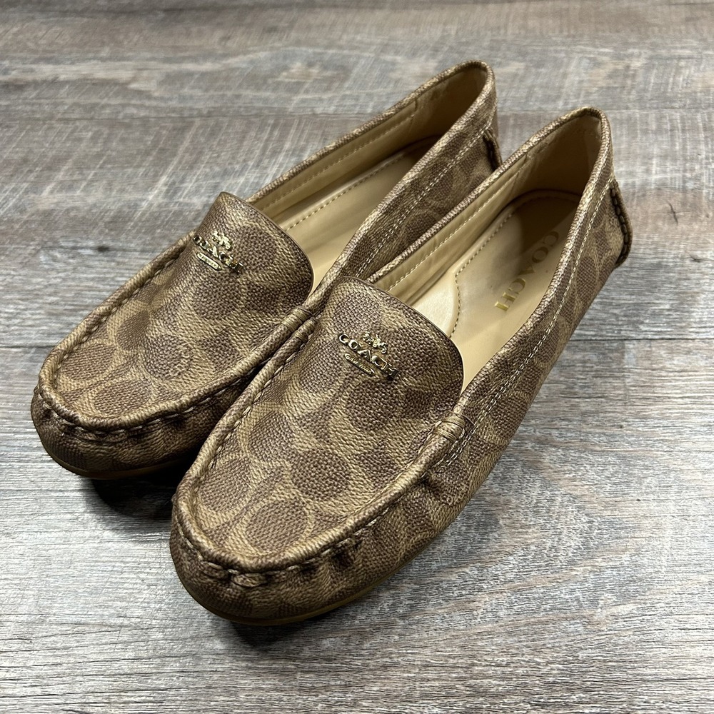 COACH MARLEY LOGO SLIP ON DRIVER LOAFER MOCCASIN STONE BROWN SZ 7.5 EUC DESIGNER